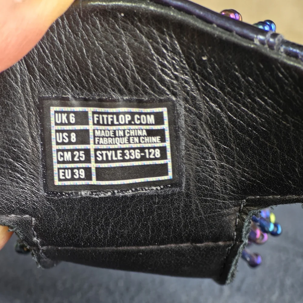 FitFlop Cha Cha Rumba Sandals Sz 8 Blue Leather Beaded Fringe Thong Platform - Picture 14 of 14